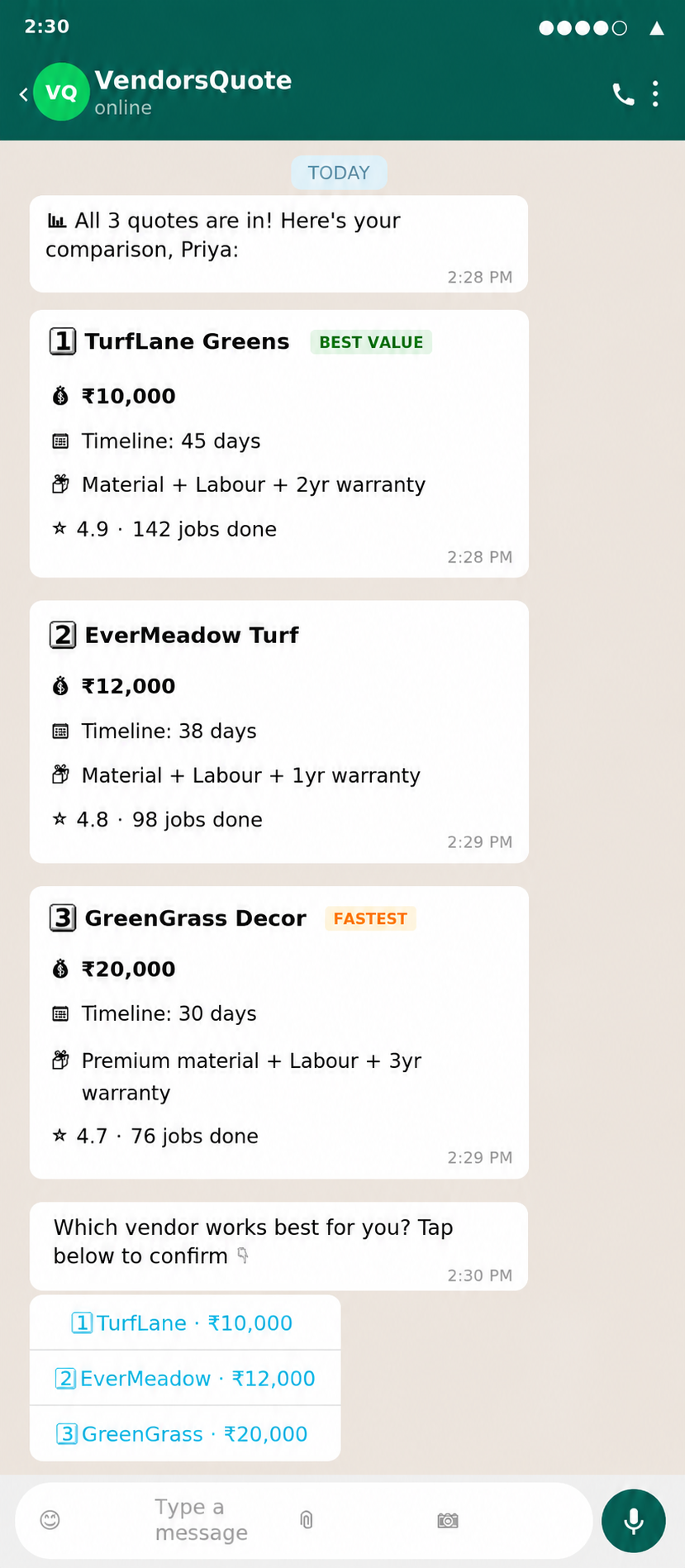 WhatsApp chat: compare quotes side by side