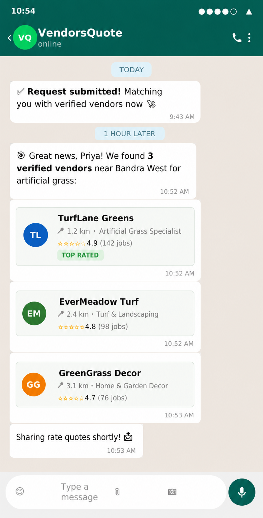 WhatsApp chat: matched with verified vendors